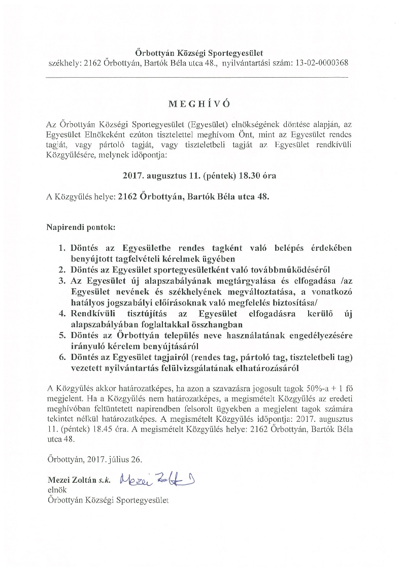 Őrbottyáni Községi Sportegyesület - Közgyűlés